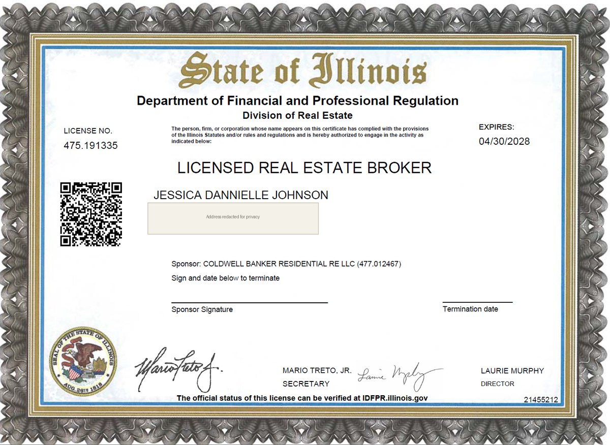 Illinois Real Estate Broker license, address redacted