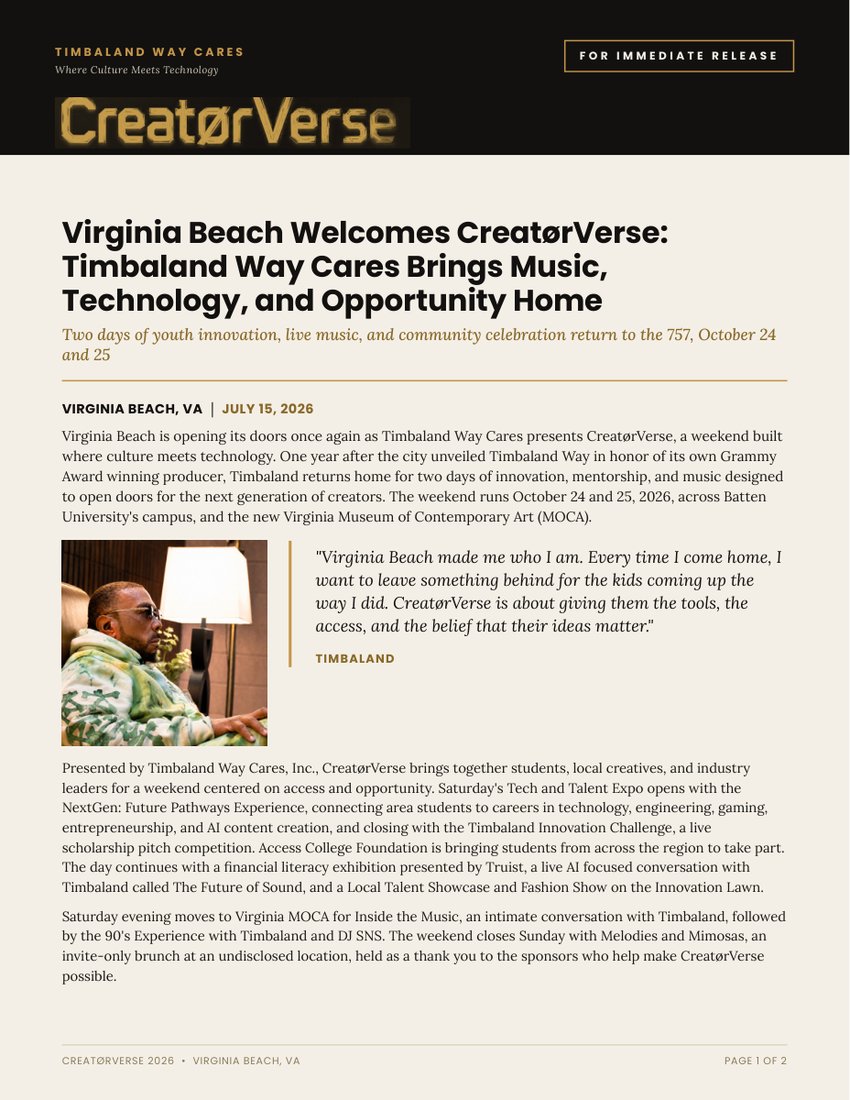 CreatorVerse x Timbaland Press Release preview